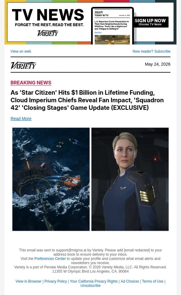 As 'Star Citizen' Hits $1 Billion in Lifetime Funding, Cloud Imperium Chiefs Reveal Fan Impact, 'Squadron 42' 'Closing Stages' Game Update (EXCLUSIVE) email from Variety screenshot