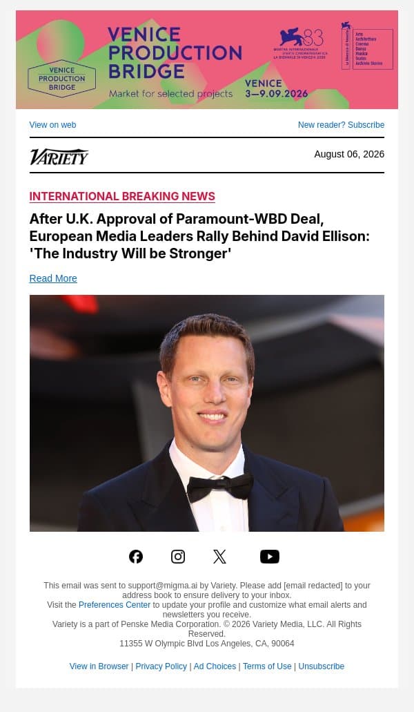 After U.K. Approval of Paramount-WBD Deal, European Media Leaders Rally Behind David Ellison: 'The Industry Will be Stronger' email from Variety screenshot
