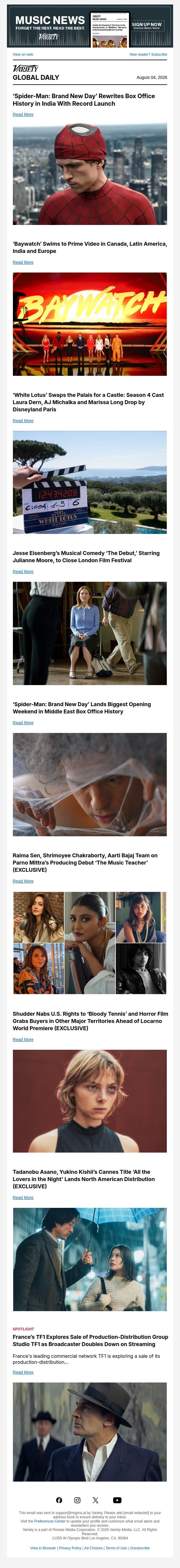 Spidey Smashes Global Box Office Records; 'Baywatch' Reboot Heads to Prime; 'White Lotus' Drops By Disneyland email from Variety screenshot