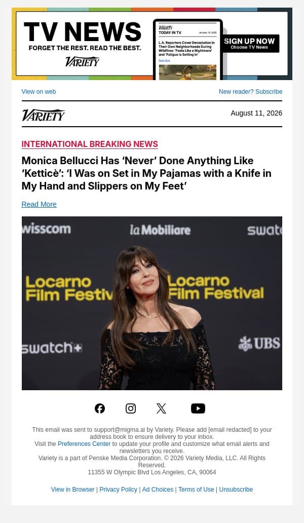 Monica Bellucci Has ‘Never’ Done Anything Like ‘Ketticè’: ‘I Was on Set in My Pajamas with a Knife in My Hand and Slippers on My Feet’ email from Variety screenshot