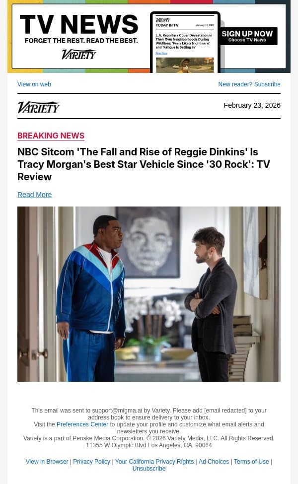 NBC Sitcom 'The Fall and Rise of Reggie Dinkins' Is Tracy Morgan's Best Star Vehicle Since '30 Rock': TV Review email from Variety screenshot