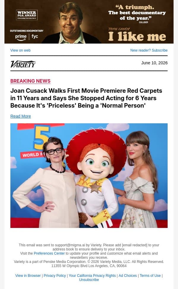 Joan Cusack Walks First Movie Premiere Red Carpets in 11 Years and Says She Stopped Acting for 6 Years Because It's 'Priceless' Being a 'Normal Person' email from Variety screenshot