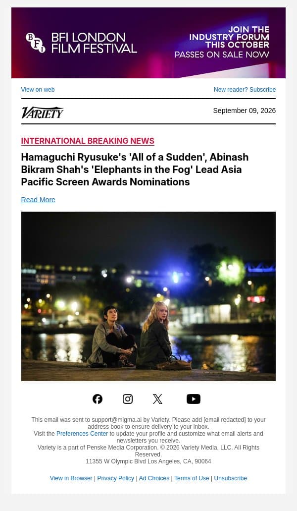 Hamaguchi Ryusuke's 'All of a Sudden', Abinash Bikram Shah's 'Elephants in the Fog' Lead Asia Pacific Screen Awards Nominations email from Variety screenshot