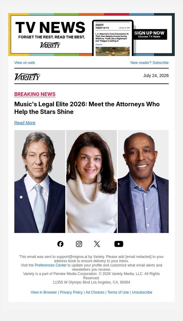 Music's Legal Elite 2026: Meet the Attorneys Who Help the Stars Shine email from Variety screenshot