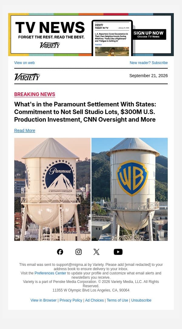 What's in the Paramount Settlement With States: Commitment to Not Sell Studio Lots, $300M U.S. Production Investment, CNN Oversight and More email from Variety screenshot
