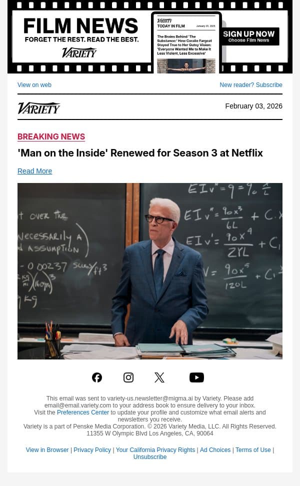 'Man on the Inside' Renewed for Season 3 at Netflix email from Variety screenshot