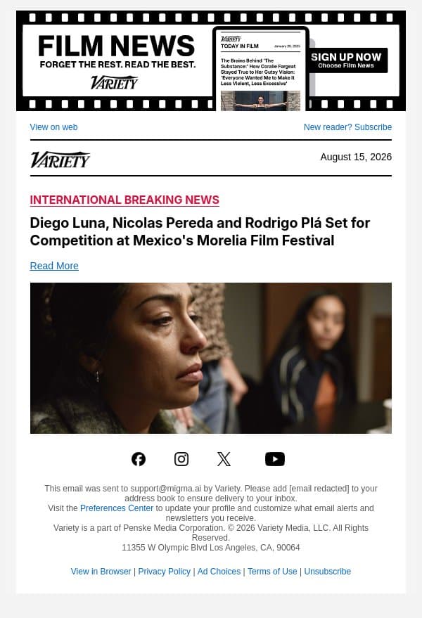 Diego Luna, Nicolas Pereda and Rodrigo Plá Set for Competition at Mexico's Morelia Film Festival email from Variety screenshot