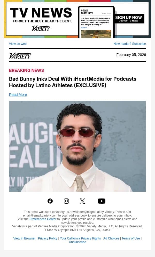 Bad Bunny Inks Deal With iHeartMedia for Podcasts Hosted by Latino Athletes (EXCLUSIVE) email from Variety screenshot