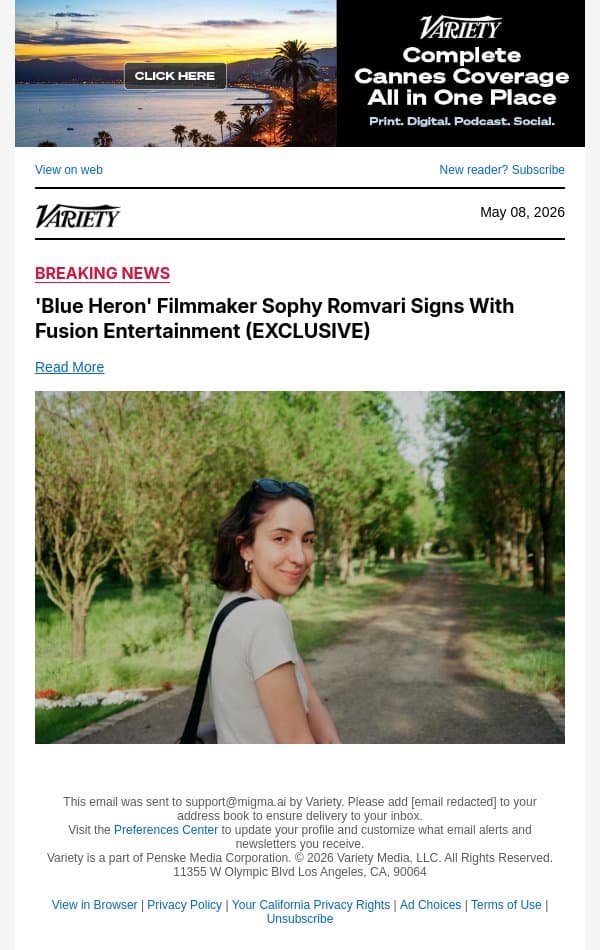 'Blue Heron' Filmmaker Sophy Romvari Signs With Fusion Entertainment (EXCLUSIVE) email from Variety screenshot