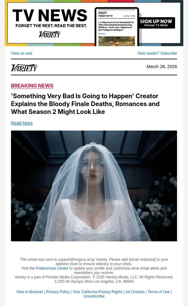 'Something Very Bad Is Going to Happen' Creator Explains the Bloody Finale Deaths, Romances and What Season 2 Might Look Like email from Variety screenshot