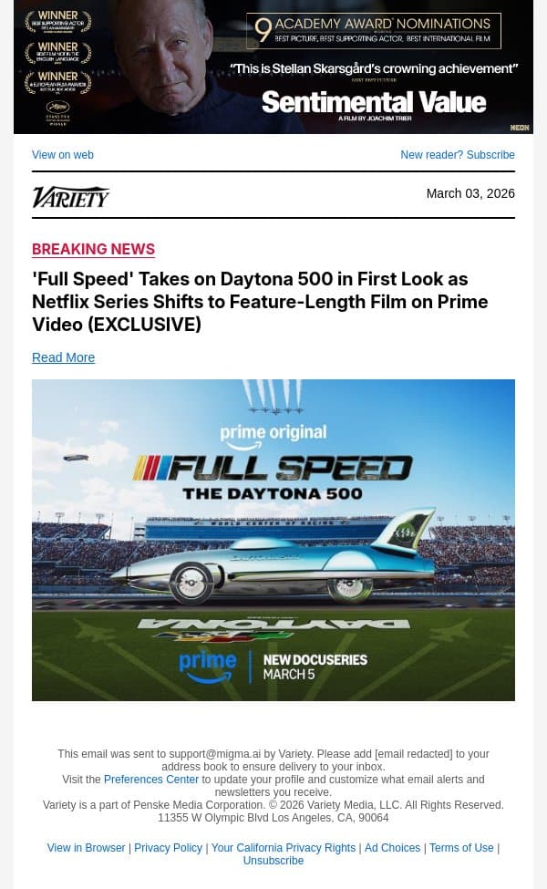 'Full Speed' Takes on Daytona 500 in First Look as Netflix Series Shifts to Feature-Length Film on Prime Video (EXCLUSIVE) email from Variety screenshot