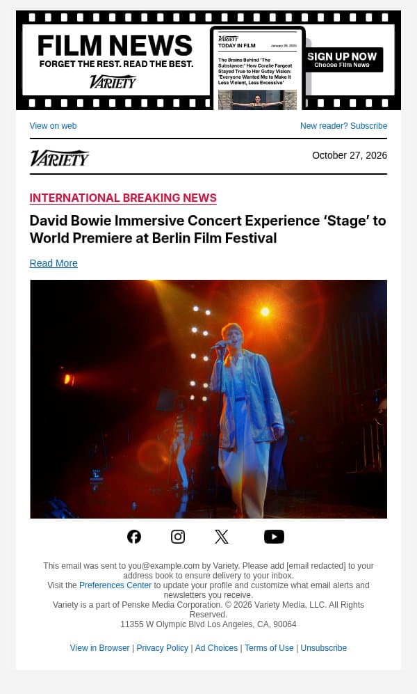 David Bowie Immersive Concert Experience ‘Stage’ to World Premiere at Berlin Film Festival email from Variety screenshot