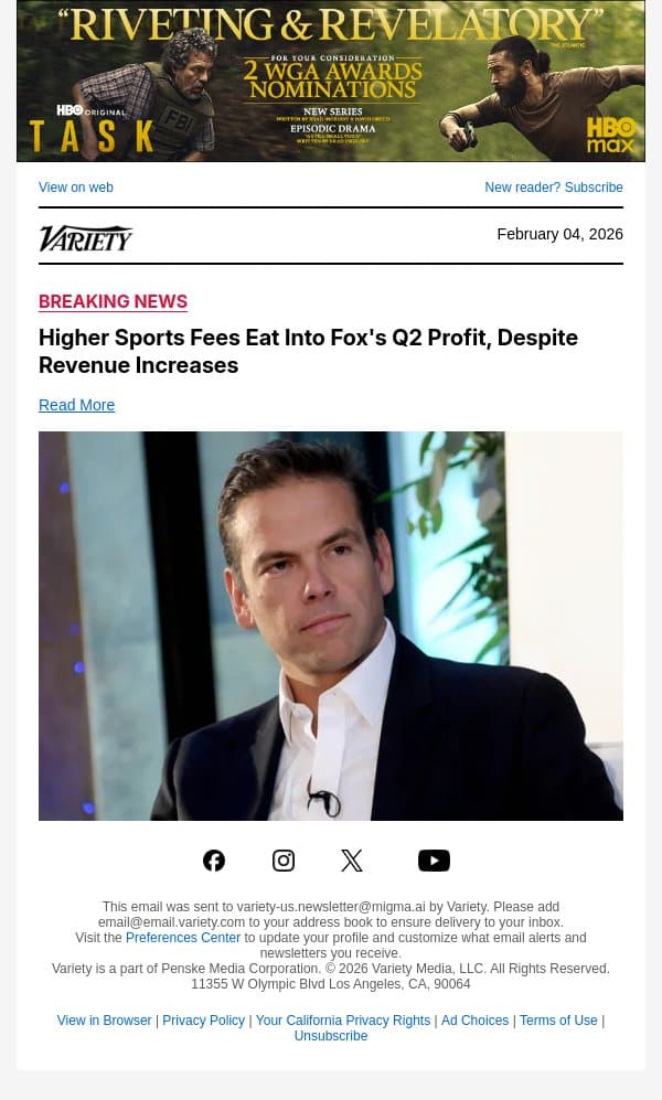 Higher Sports Fees Eat Into Fox's Q2 Profit, Despite Revenue Increases email from Variety screenshot