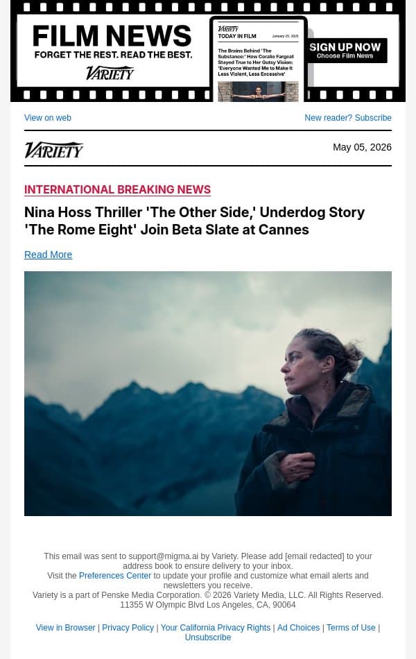 Nina Hoss Thriller 'The Other Side,' Underdog Story 'The Rome Eight' Join Beta Slate at Cannes email from Variety screenshot