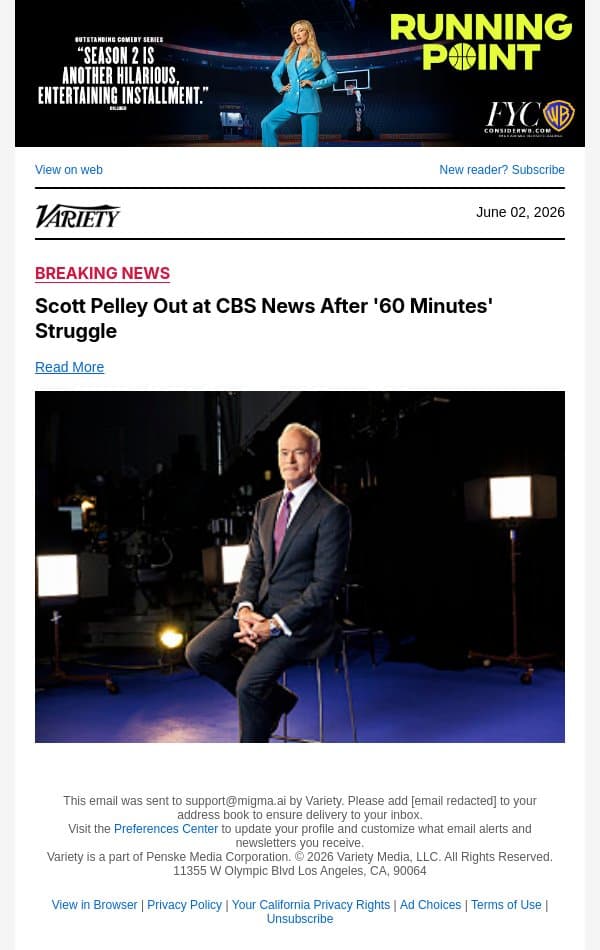 Scott Pelley Out at CBS News After '60 Minutes' Struggle email from Variety screenshot