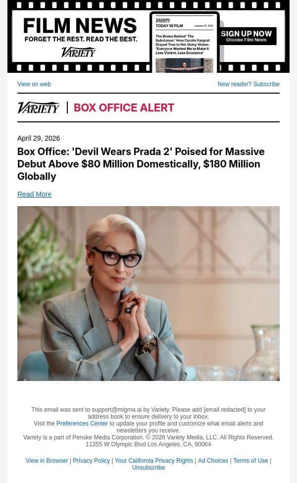 Box Office: 'Devil Wears Prada 2' Poised for Massive Debut Above $80 Million Domestically, $180 Million Globally email from Variety screenshot