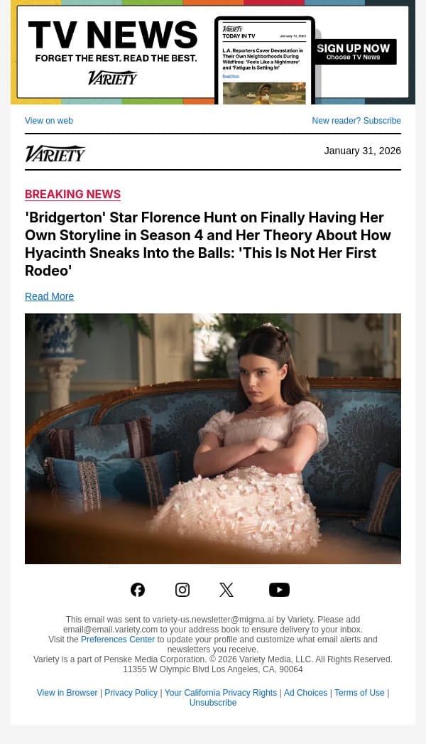 'Bridgerton' Star Florence Hunt on Finally Having Her Own Storyline in Season 4 and Her Theory About How Hyacinth Sneaks Into the Balls: 'This Is Not Her First Rodeo' email from Variety screenshot