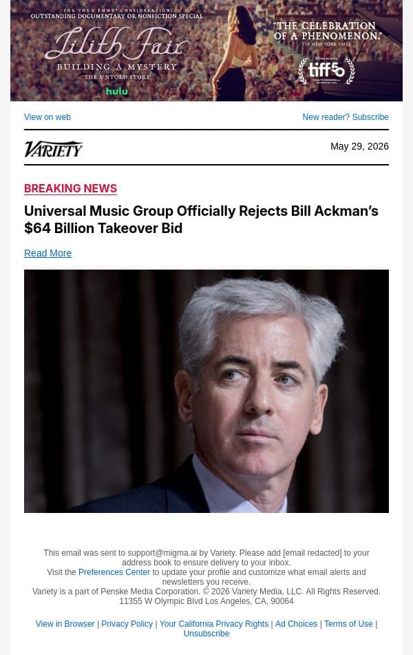 Universal Music Group Officially Rejects Bill Ackman’s $64 Billion Takeover Bid email from Variety screenshot