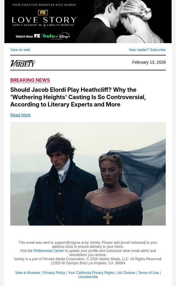 Should Jacob Elordi Play Heathcliff? Why the 'Wuthering Heights' Casting Is So Controversial, According to Literary Experts and More email from Variety screenshot
