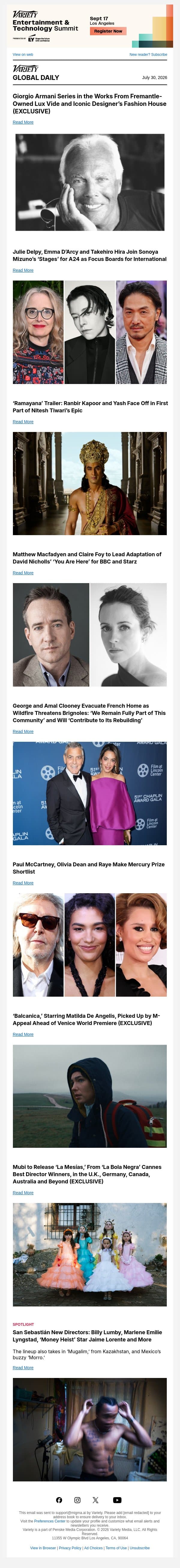 Giorgio Armani Series; Julie Delpy's Next Film; 'Ramayana' Trailer email from Variety screenshot