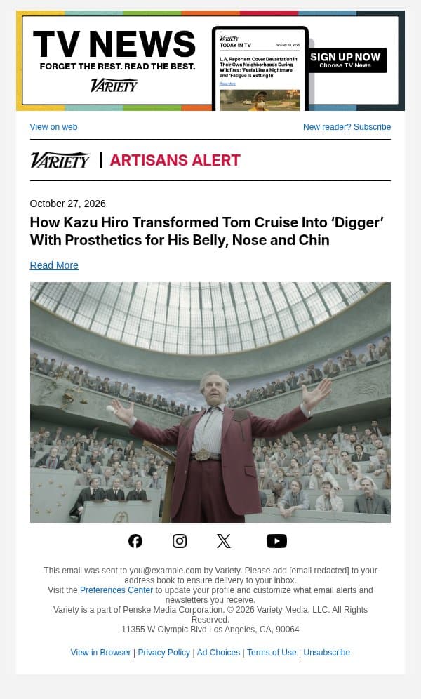 How Kazu Hiro Transformed Tom Cruise Into ‘Digger’ With Prosthetics for His Belly, Nose and Chin email from Variety screenshot