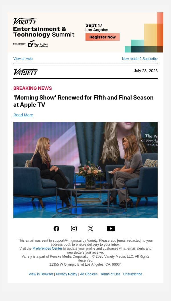 'Morning Show' Renewed for Fifth and Final Season at Apple TV email from Variety screenshot