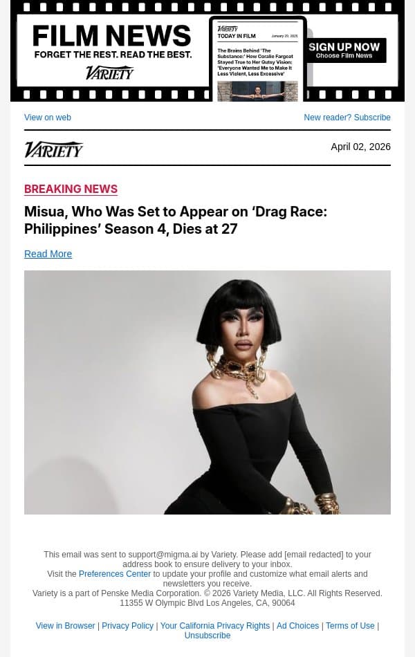 Misua, Who Was Set to Appear on ‘Drag Race: Philippines’ Season 4, Dies at 27 email from Variety screenshot