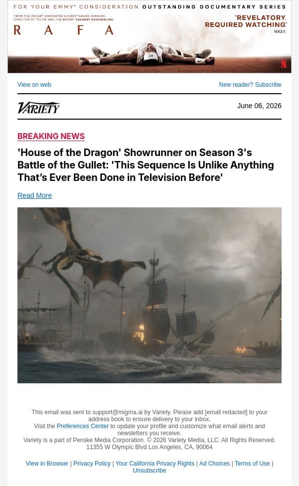 'House of the Dragon' Showrunner on Season 3's Battle of the Gullet: 'This Sequence Is Unlike Anything That’s Ever Been Done in Television Before' email from Variety screenshot