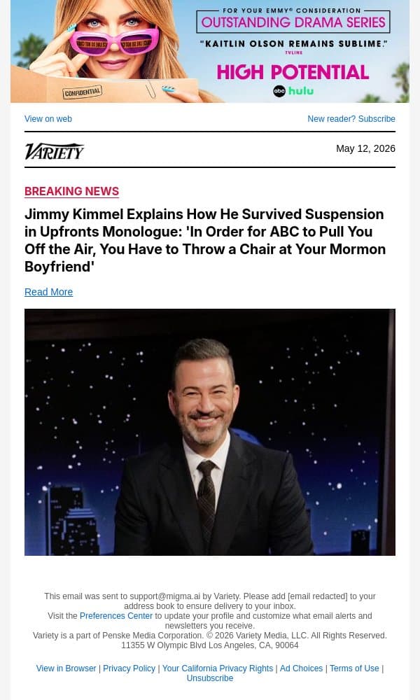 Jimmy Kimmel Explains How He Survived Suspension in Upfronts Monologue: 'In Order for ABC to Pull You Off the Air, You Have to Throw a Chair at Your Mormon Boyfriend' email from Variety screenshot