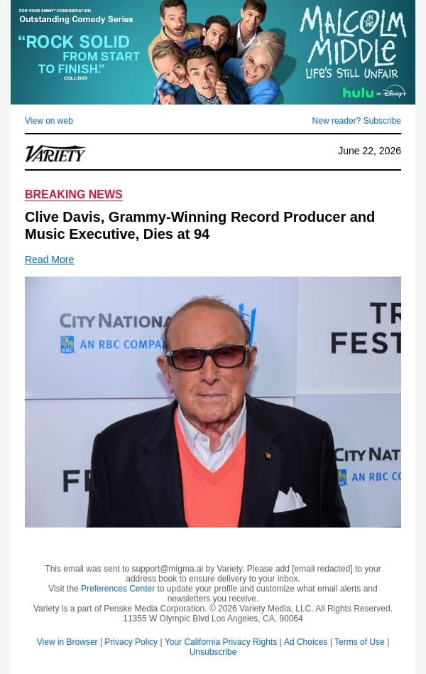 Clive Davis, Grammy-Winning Record Producer and Music Executive, Dies at 94 email from Variety screenshot