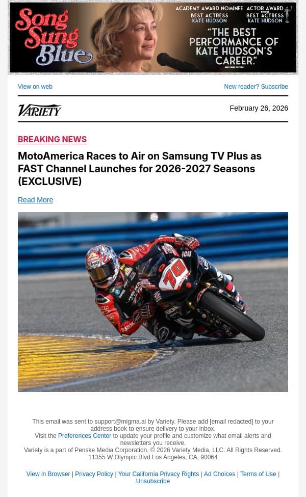 MotoAmerica Races to Air on Samsung TV Plus as FAST Channel Launches for 2026-2027 Seasons (EXCLUSIVE) email from Variety screenshot