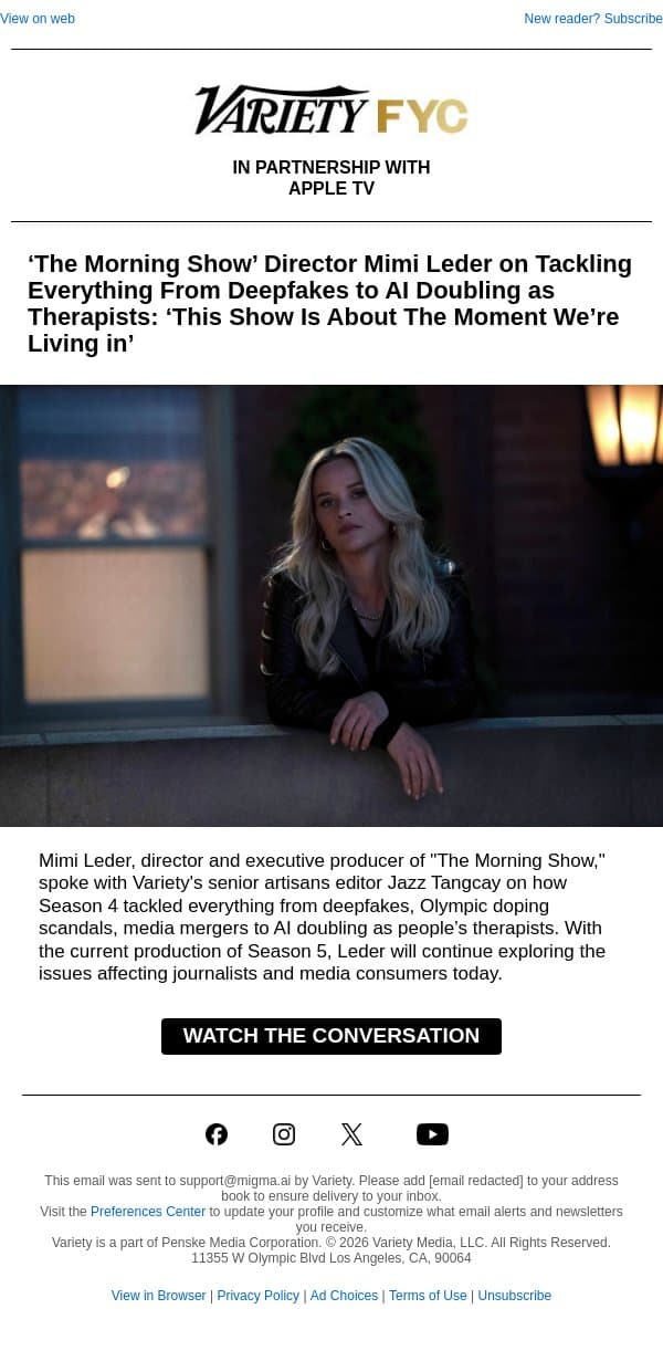 ‘The Morning Show’ Director Mimi Leder on Tackling Everything From Deepfakes to AI Doubling as Therapists: ‘This Show Is About The Moment We’re Living in’ email from Variety screenshot