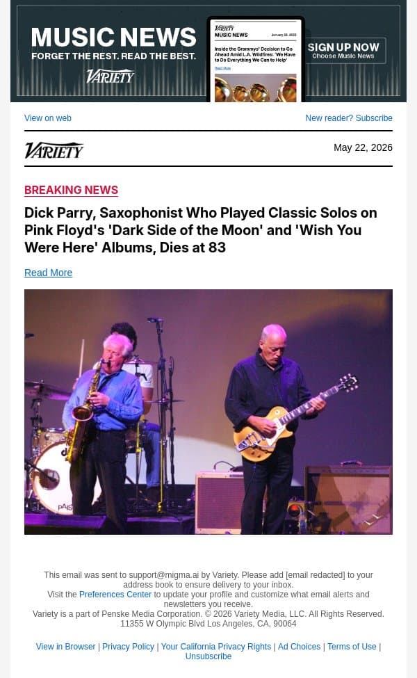 Dick Parry, Saxophonist Who Played Classic Solos on Pink Floyd's 'Dark Side of the Moon' and 'Wish You Were Here' Albums, Dies at 83 email from Variety screenshot