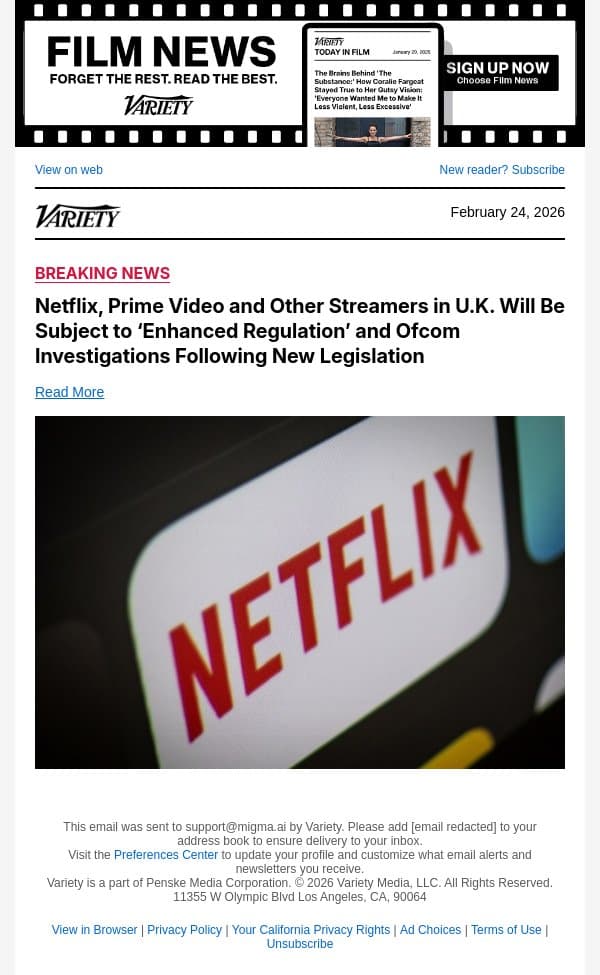 Netflix, Prime Video and Other Streamers in U.K. Will Be Subject to ‘Enhanced Regulation’ and Ofcom Investigations Following New Legislation email from Variety screenshot