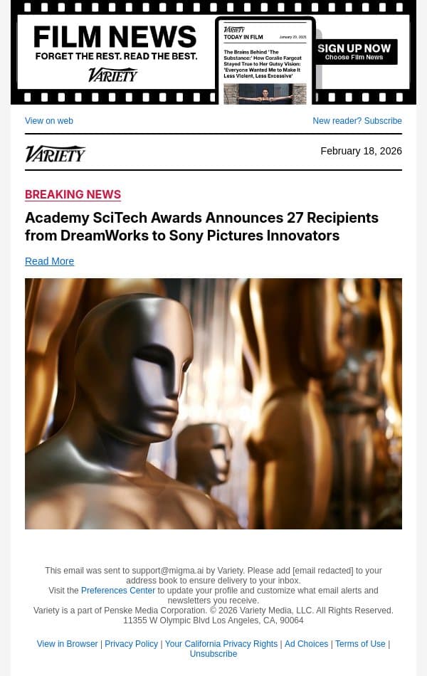 Academy SciTech Awards Announces 27 Recipients from DreamWorks to Sony Pictures Innovators email from Variety screenshot