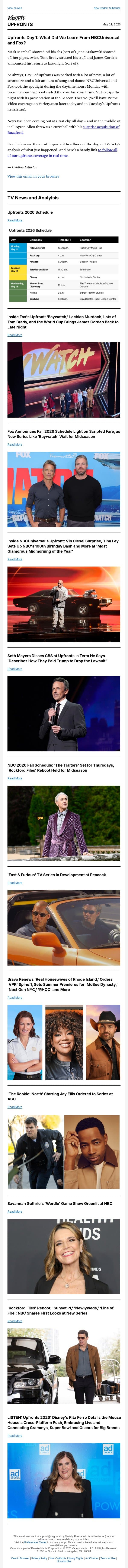 UPFRONTS 2026: Inside NBCUniversal and Fox's upfronts; 'The Traitors' Heads to NBC; 'Baywatch' and 'Rockford Files' Reboots Wait for Midseason; Peacock Revs 'Fast and Furious' Series; Savannah Guthrie to host 'Wordle'; and More email from Variety screenshot