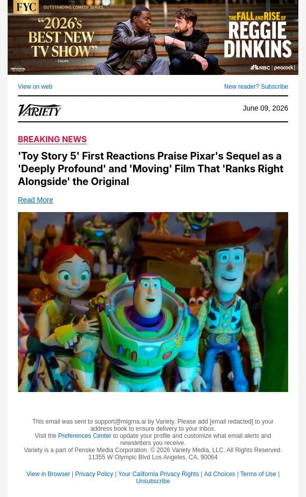 'Toy Story 5' First Reactions Praise Pixar's Sequel as a 'Deeply Profound' and 'Moving' Film That 'Ranks Right Alongside' the Original email from Variety screenshot