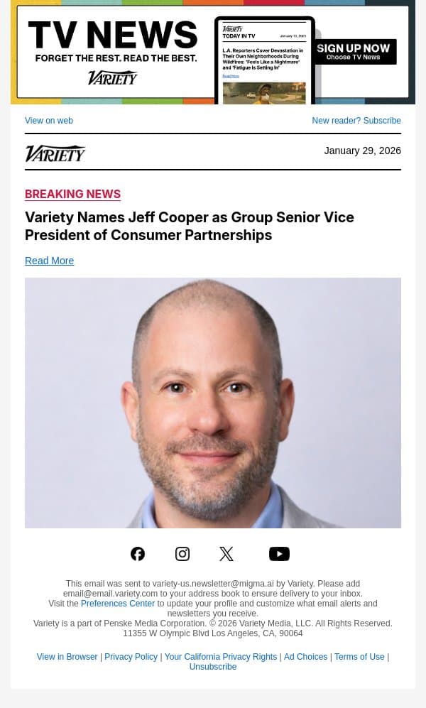 Variety Names Jeff Cooper as Group Senior Vice President of Consumer Partnerships email from Variety screenshot