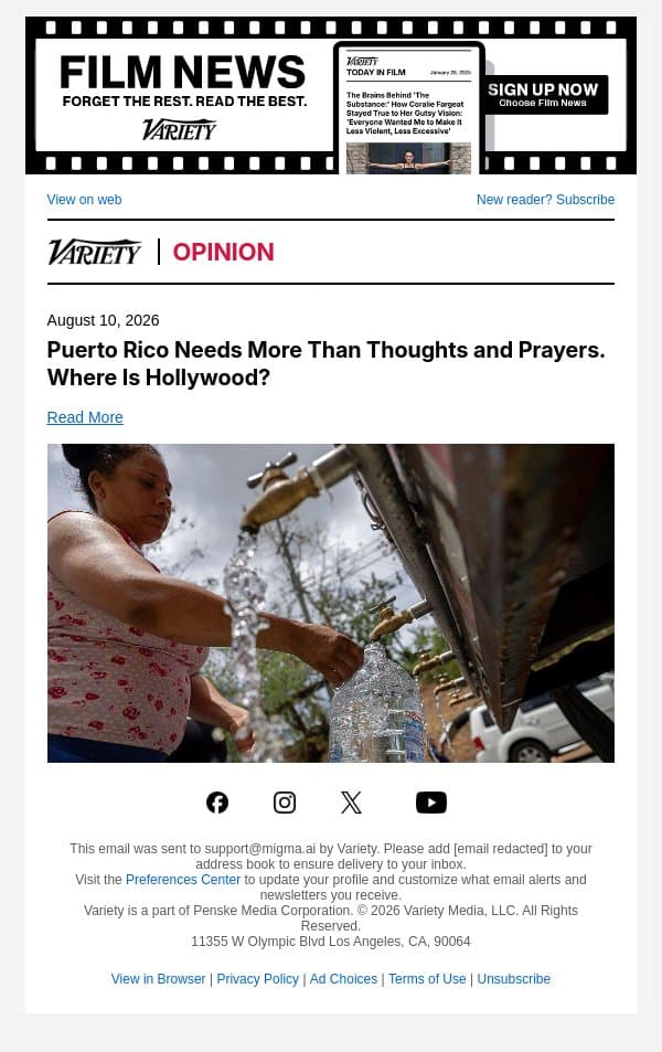 Puerto Rico Needs More Than Thoughts and Prayers. Where Is Hollywood? email from Variety screenshot