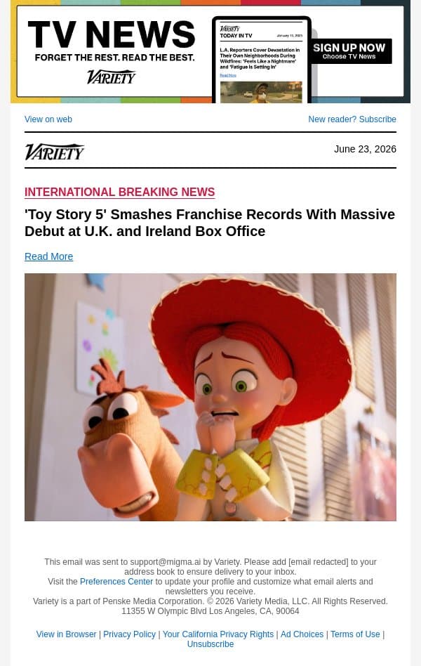 'Toy Story 5' Smashes Franchise Records With Massive Debut at U.K. and Ireland Box Office email from Variety screenshot