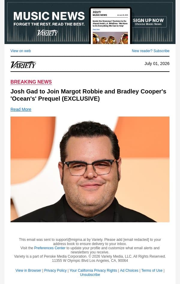 Josh Gad to Join Margot Robbie and Bradley Cooper's 'Ocean's' Prequel (EXCLUSIVE) email from Variety screenshot