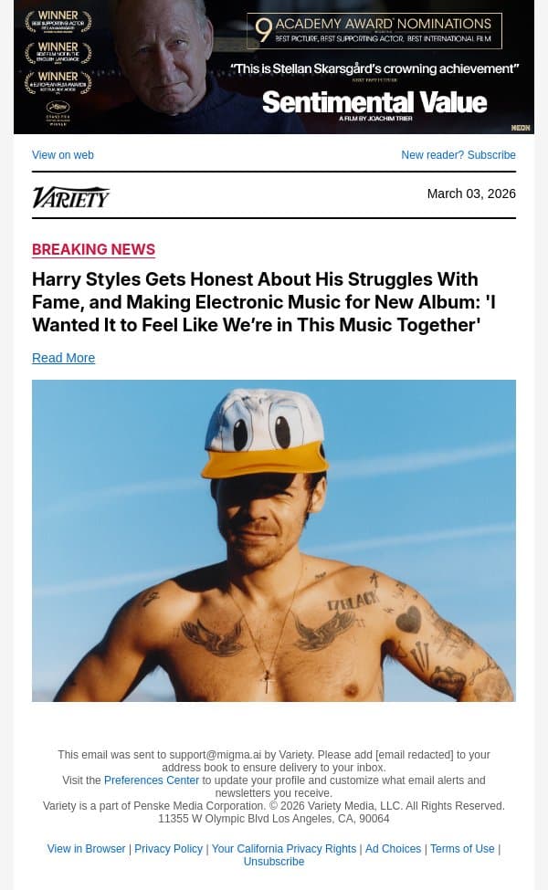 Harry Styles Gets Honest About His Struggles With Fame, and Making Electronic Music for New Album: 'I Wanted It to Feel Like We’re in This Music Together' email from Variety screenshot