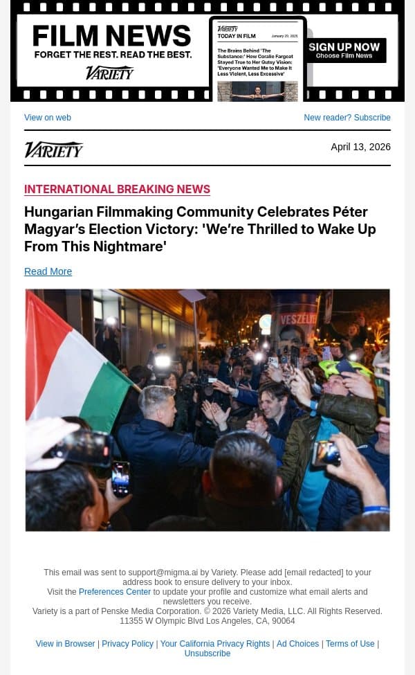 Hungarian Filmmaking Community Celebrates Péter Magyar’s Election Victory: 'We’re Thrilled to Wake Up From This Nightmare' email from Variety screenshot