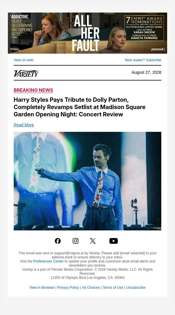 Harry Styles Pays Tribute to Dolly Parton, Completely Revamps Setlist at Madison Square Garden Opening Night: Concert Review email from Variety screenshot