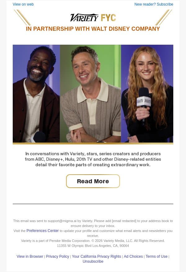 FYC | Disney TV Casts and Creators Dissect Crafting Scene-Stealing Moments email from Variety screenshot