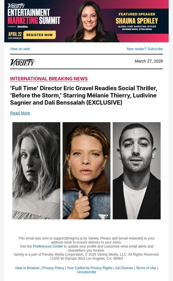 'Full Time' Director Eric Gravel Readies Social Thriller, 'Before the Storm,' Starring Mélanie Thierry, Ludivine Sagnier and Dali Benssalah (EXCLUSIVE) email from Variety screenshot