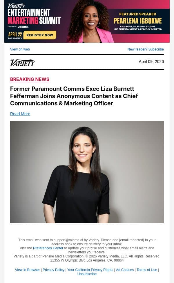 Former Paramount Comms Exec Liza Burnett Fefferman Joins Anonymous Content as Chief Communications and Marketing Officer email from Variety screenshot