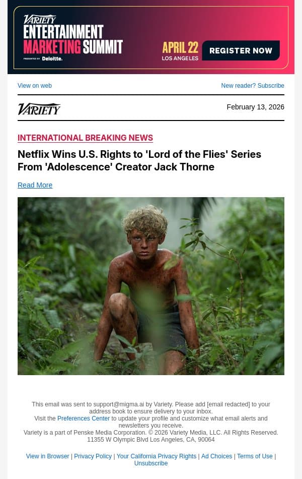 Netflix Wins U.S. Rights to 'Lord of the Flies' Series From 'Adolescence' Creator Jack Thorne email from Variety screenshot