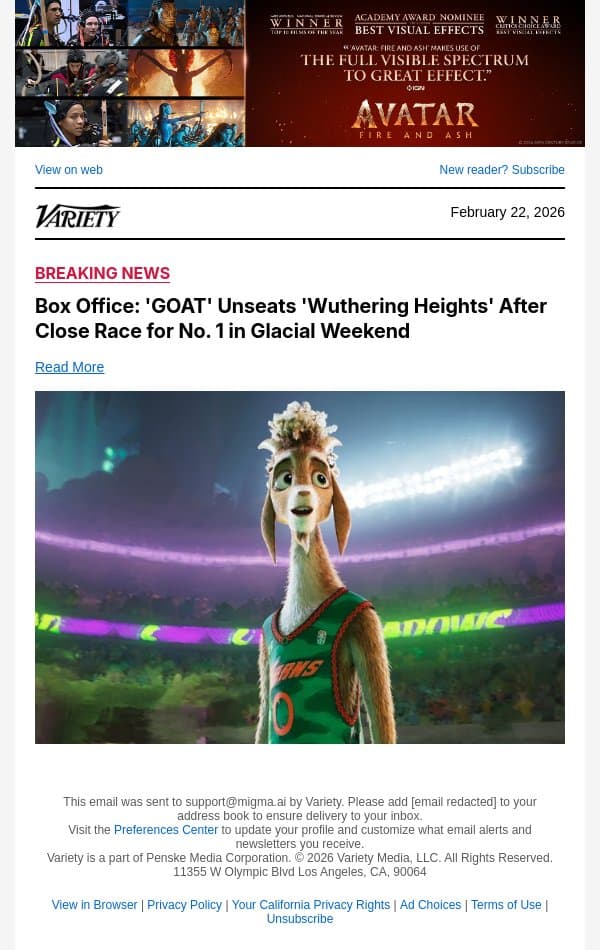 Box Office: 'GOAT' Unseats 'Wuthering Heights' After Close Race for No. 1 in Glacial Weekend email from Variety screenshot