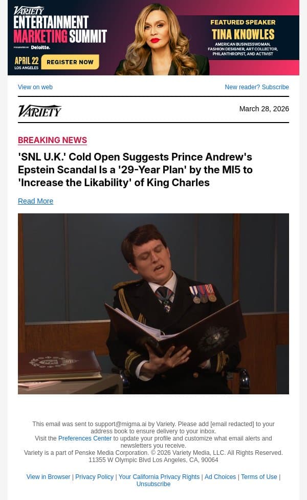 'SNL U.K.' Cold Open Suggests Prince Andrew's Epstein Scandal Is a '29-Year Plan' by the MI5 to 'Increase the Likability' of King Charles email from Variety screenshot